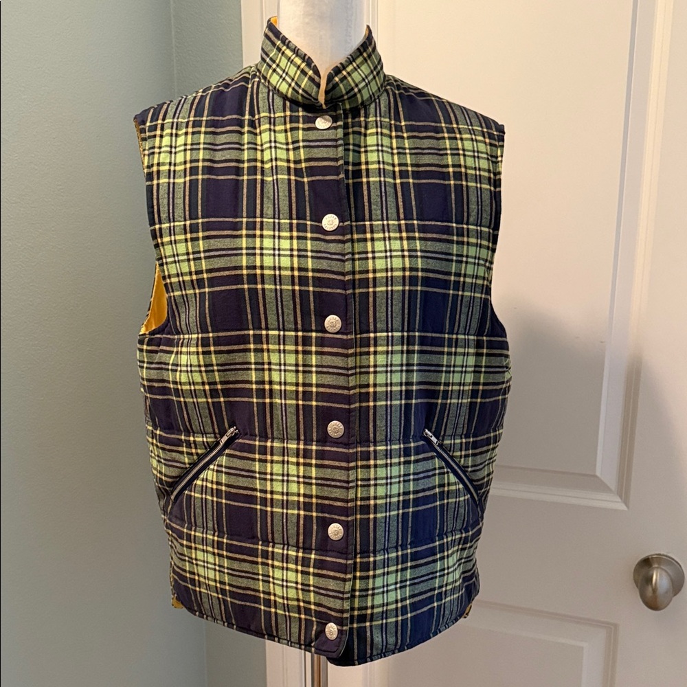 Susan Bristol Plaid Puffer Vest in Navy and Lime